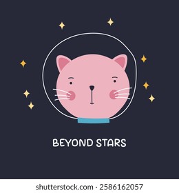 Vector illustration features a cute pink cat exploring space in a spacesuit. Perfect for stickers, apparel, and more. The feline galaxy
