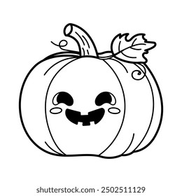 Ilustración vectorial presenta una calabaza sonriente linda con ojos grandes y un detalle de hoja juguetón. Perfecto para libros para colorear