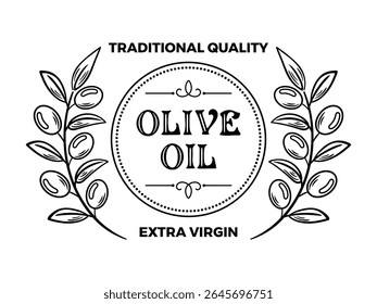vector illustration features elegant olive branches combined with a beautifully designed olive oil label, showcasing the essence of Mediterranean heritage, freshness and premium quality