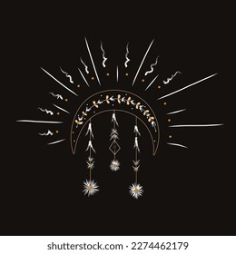 Vector illustration features an esoteric inverted moon with yellow rays, plant ornaments, and a dream catcher, creating a mystical ambiance. Perfect for divination cards, esoteric paintings.