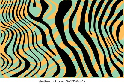 Vector illustration features flowing black wavy lines over an orange and teal background, forming an abstract, dynamic, and vibrant pattern with a swirling and optical illusion effect.