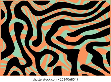 Vector illustration features flowing black wavy lines over an orange and teal background, forming an abstract, dynamic, and vibrant pattern with a swirling and optical illusion effect.