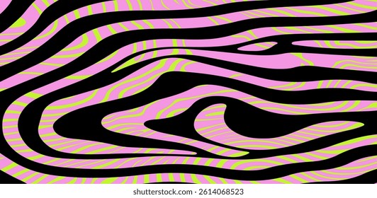 Vector illustration features flowing wavy lines in pink and lime green on a black background, creating an abstract, dynamic, and vibrant pattern with a swirling and optical illusion effect.
