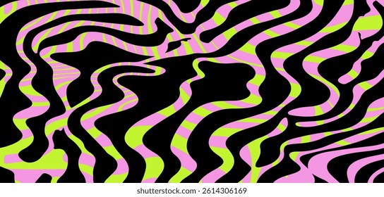 Vector illustration features flowing wavy lines in pink and lime green on a black background, creating an abstract, dynamic, and vibrant pattern with a swirling and optical illusion effect.