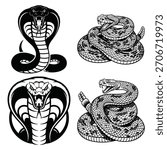 A vector illustration features four distinct snake designs including cobra and rattlesnake depictions in a bold black and white style