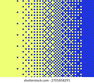 A ilustração vetorial apresenta um estilo abstrato geométrico y2k com cores azul e amarelo. Ele exibe padrões quadrados desvanecendo criando um efeito de transição moderno e dinâmico.