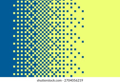 La Ilustración vectorial presenta un estilo geométrico y2k abstracto con colores azules y amarillos. Muestra patrones cuadrados que se desvanecen creando un efecto de transición moderno y dinámico.