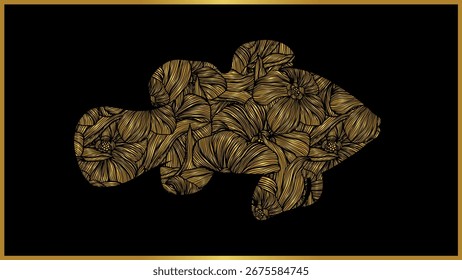 Eine Vektorgrafik zeigt eine Goldfisch-Silhouette aus komplizierten, überlappenden Blumenmustern, Das Design ist detailliert und abstrakt, Mischung organischen Texturen mit Blumen Präzision.