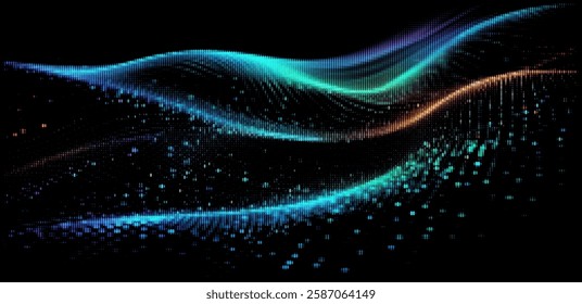 Vector illustration features graceful, multicolored waves of particles flowing smoothly on a black background, symbolizing digital fluidity and modernity with a vibrant, artistic look.