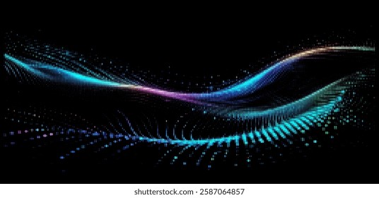 Vector illustration features graceful, multicolored waves of particles flowing smoothly on a black background, symbolizing digital fluidity and modernity with a vibrant, artistic look.