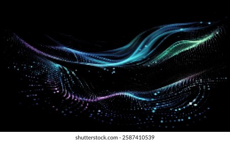 Vector illustration features graceful, multicolored waves of particles flowing smoothly on a black background, symbolizing digital fluidity and modernity with a vibrant, artistic look.