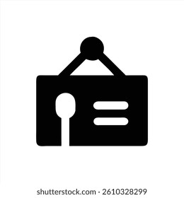 A vector illustration features a hanging sign with a spoon design on one side. The sign displays blank spaces for text, ideal for menus or promotions in a restaurant setting.