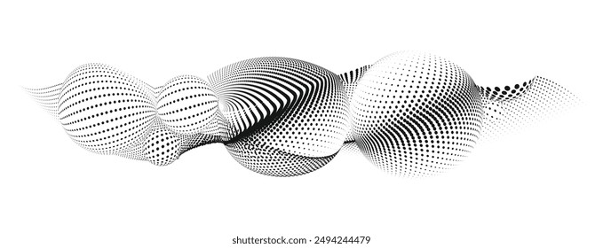 Vector illustration features interconnected spherical shapes with a black and white halftone dotted effect, creating an illusion of three-dimensional depth, like celestial orbs in a cosmic dance.