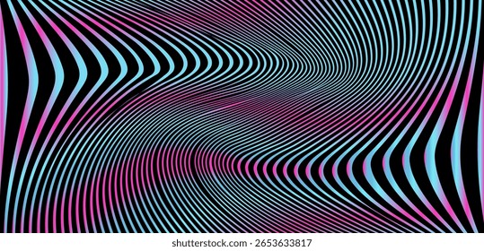 Vector illustration features a minimalist abstract design with dynamic, wavy lines creating a 3D effect. The style is modern and futuristic, with a vibrant theme. Colors include black, pink, cyan.