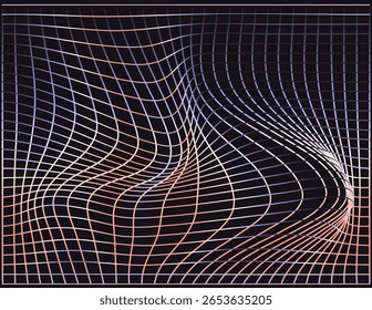 Vector illustration features a minimalist abstract design with a holographic grid of wavy lines creating a 3D effect. The style is modern and geometric, with a futuristic theme.