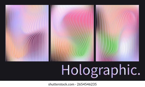 Vector illustration features minimalist abstract designs. The holographic panels blends blue, pink, and white with wavy lines for a futuristic vibe. The style is modern and ethereal.