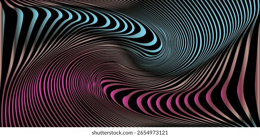 A ilustração vetorial apresenta um design abstrato minimalista com linhas onduladas dinâmicas, criando um efeito 3D. O estilo é moderno e futurista, com um tema vibrante. As cores incluem preto, rosa, ciano.