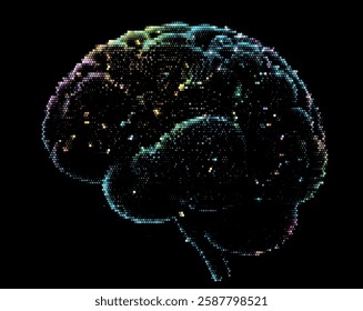 Vector illustration features a multicolored brain composed of dots on a dark background, symbolizing the intersection of technology and creativity with a futuristic and intricate design.