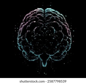 Vector illustration features a multicolored brain composed of dots on a dark background, symbolizing the intersection of technology and creativity with a futuristic and intricate design.