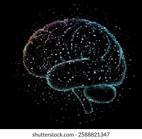 Vector illustration features a multicolored brain composed of dots on a dark background, symbolizing the intersection of technology and creativity with a futuristic and intricate design.