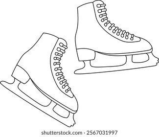 Vector illustration features a pair of ice skates, drawn in a clean, minimalistic black-and-white outline style. The design showcases intricate details like laces, blades, and stitching