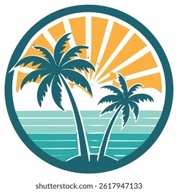 vector illustration features palm trees on an island with ocean waves and a setting sun in a circular frame perfect for vacation and travel designs