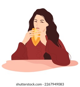 Vector illustration features person happily eating food in flat and doodle style on white background, it perfect for advertising cafes and restaurants or for web designers, attention to food-related