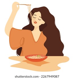 Vector illustration features person happily eating food in flat and doodle style on white background, it perfect for advertising cafes and restaurants or for web designers, attention to food-related