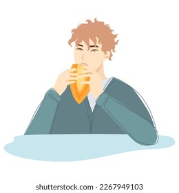 Vector illustration features person happily eating food in flat and doodle style on white background, it perfect for advertising cafes and restaurants or for web designers, attention to food-related