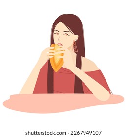Vector illustration features person happily eating food in flat and doodle style on white background, it perfect for advertising cafes and restaurants or for web designers, attention to food-related