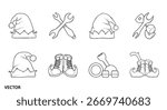 A vector illustration features a playful assortment of elf hats and shoes paired with various tools, creating a whimsical and festive design perfect for holiday-themed crafts and repair projects.