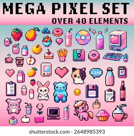 Vector illustration features a popular modern pixel art style, using pastel pink, blue, and yellow colors. It includes simple, nostalgic shapes—cute animals, food, retro tech, and fun icons.