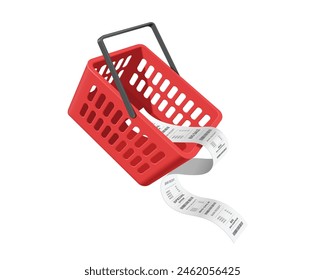 vector illustration features red shopping basket used in supermarket with a detailed, lengthy receipt or invoice paper extending from it, vector 3d isolated for e commerce, online shopping concept