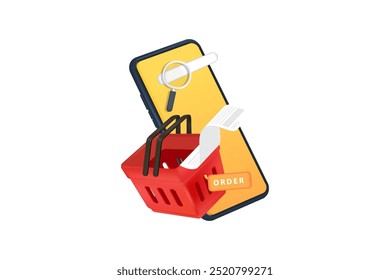 vector illustration features red shopping basket used in supermarket with a detailed, lengthy receipt or invoice paper extending from