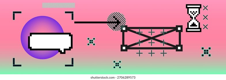 Vector illustration features a retro 8-bit digital style with pixel shapes, gradients, and abstract geometric forms in pink and purple. Composition of tech icons: speech bubbles and a hourglass.