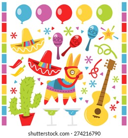 A vector illustration features retro Mexican party design elements against a white background.  There are red and yellow sombrero party hats.  There is a cactus in a red pot. 