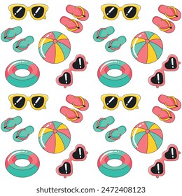 vector illustration features a seamless pattern of summer beach accessories, including sunglasses, flip flops, beach balls, and swim rings.