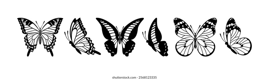 vector illustration features a set of butterfly silhouettes, including Danaus plexippus, Graphium sarpedon, and Swallowtail. Ideal for various design projects, showcasing elegance and diversity in