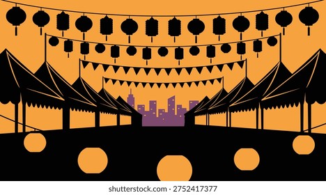Vector illustration features a silhouette scene of a night market or street festival with rows of vendor tents, hanging paper lanterns, and bunting flags against a city skyline suitable for Ramadan bazaar or holiday fair design.