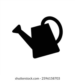 A vector illustration features a simple black watering can on a white background. This design emphasizes gardening themes and plant care, highlighting its functional form.