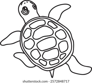 Vector illustration features a single, cute turtle swimming gracefully. The turtle's shell is decorated with simple geometric patterns. The artwork is clean, outlined, and playful in style.