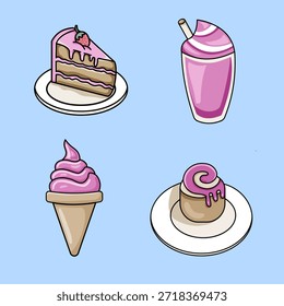 ilustração vetorial apresenta uma fatia de bolo de morango, um copo de bebida fria, pão e sorvete de morango, projetado em um estilo minimalista e plano. Perfeito para impressão em menus de café, ofertas culinárias ou aperitivos doces.