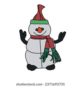 Vector Illustration es un muñeco de nieve con un sombrero y una bufanda parados en un fondo blanco - Vector