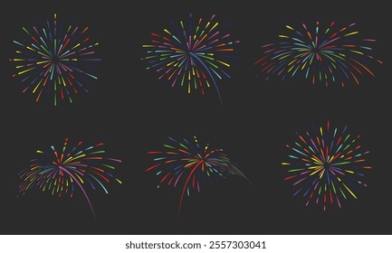 The vector illustration features a spectacular set of colorful fireworks, their radiant bursts symbolizing joy, celebration, and unforgettable moments in the night sky.