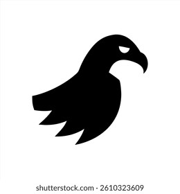 The vector illustration features a striking black silhouette of a bird gracefully flying. The design captures the essence of movement through long, flowing feathers.