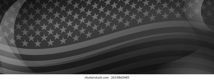 Vector illustration features a stylized, black and white American flag with a dynamic, waving effect, creating a sense of movement and modernity.