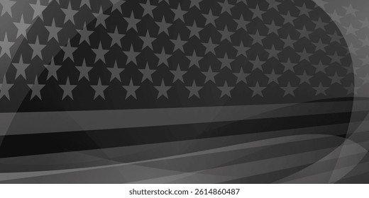 Vector illustration features a stylized, black and white American flag with a dynamic, waving effect, creating a sense of movement and modernity.