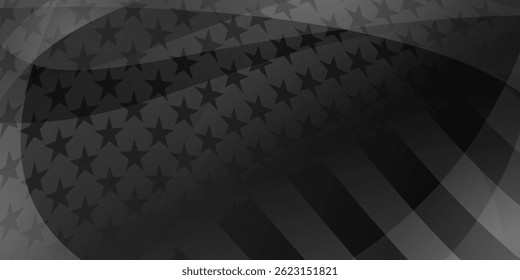 Vector illustration features a stylized, black and white American flag with a dynamic, waving effect, creating a sense of movement and modernity.