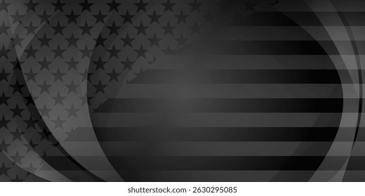 A ilustração vetorial apresenta uma bandeira americana estilizada, em preto e branco, com um efeito dinâmico e ondulante, criando uma sensação de movimento e modernidade.