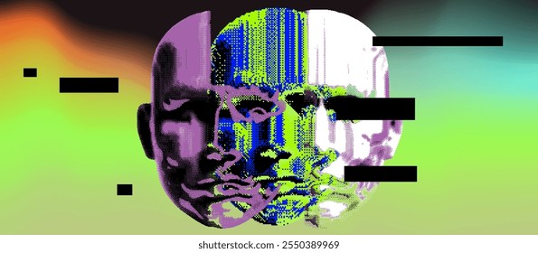 Vector illustration features a stylized, glitch-art-inspired depiction of overlapping human faces in purple and green tones, set against a vibrant gradient background with digital distortion effect.